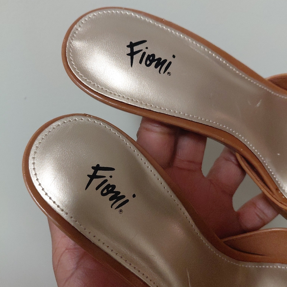Fioni Camel Colored Brown Faux Leather Buckle Open Toe Heeled Mules 6 - Picture 11 of 13